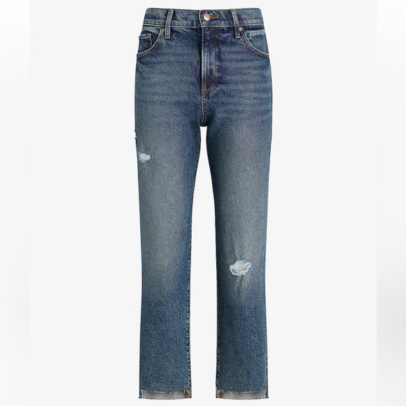 NWT Express High Waisted Medium Wash Ripped Raw Hem Straight Ankle Jeans - Picture 6 of 7